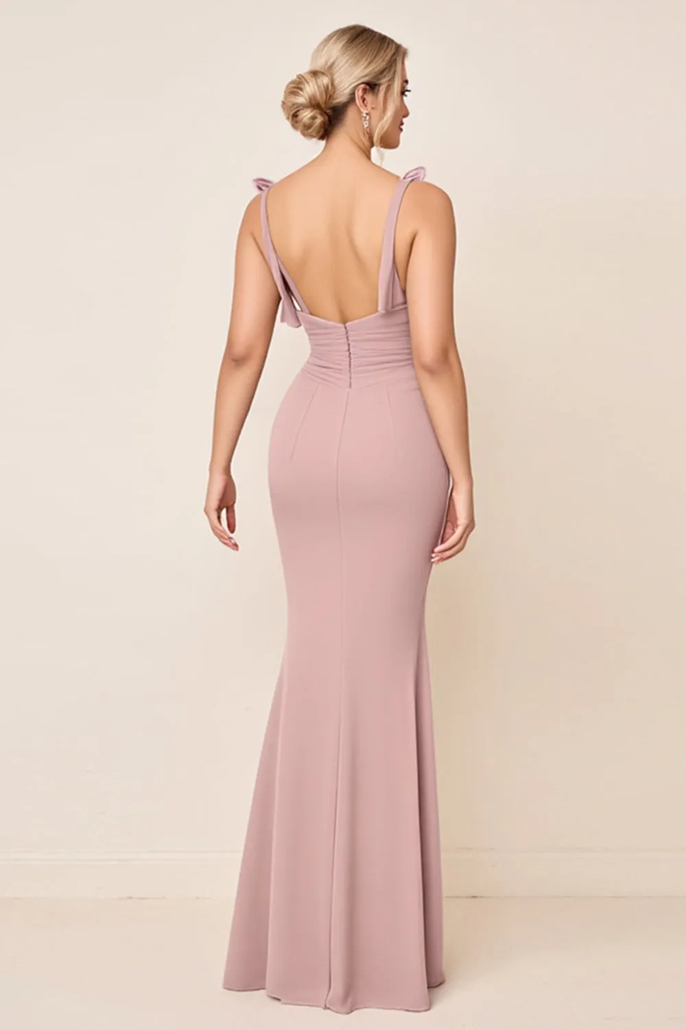Dusty Rose Spaghetti Straps Ruched Long Bridesmaid Dress with Slit sold by Zapaka product image thumbnail 2