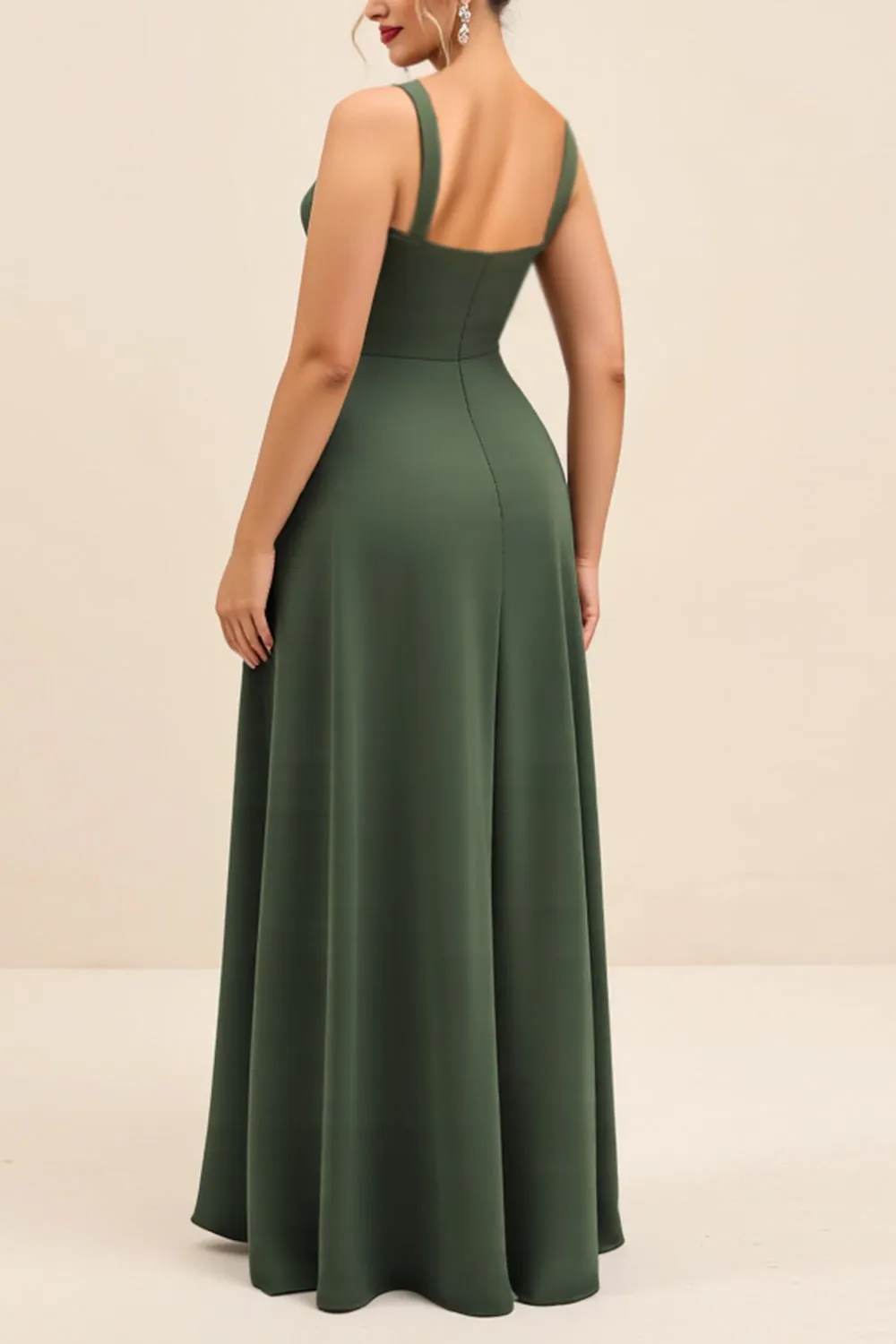 Olive Sheath Square Neck Ruched Satin Long Bridesmaid Dress with Slit sold by Zapaka product image thumbnail 2