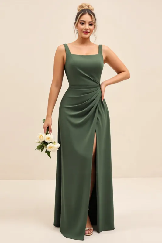 Olive Sheath Square Neck Ruched Satin Long Bridesmaid Dress with Slit sold by Zapaka