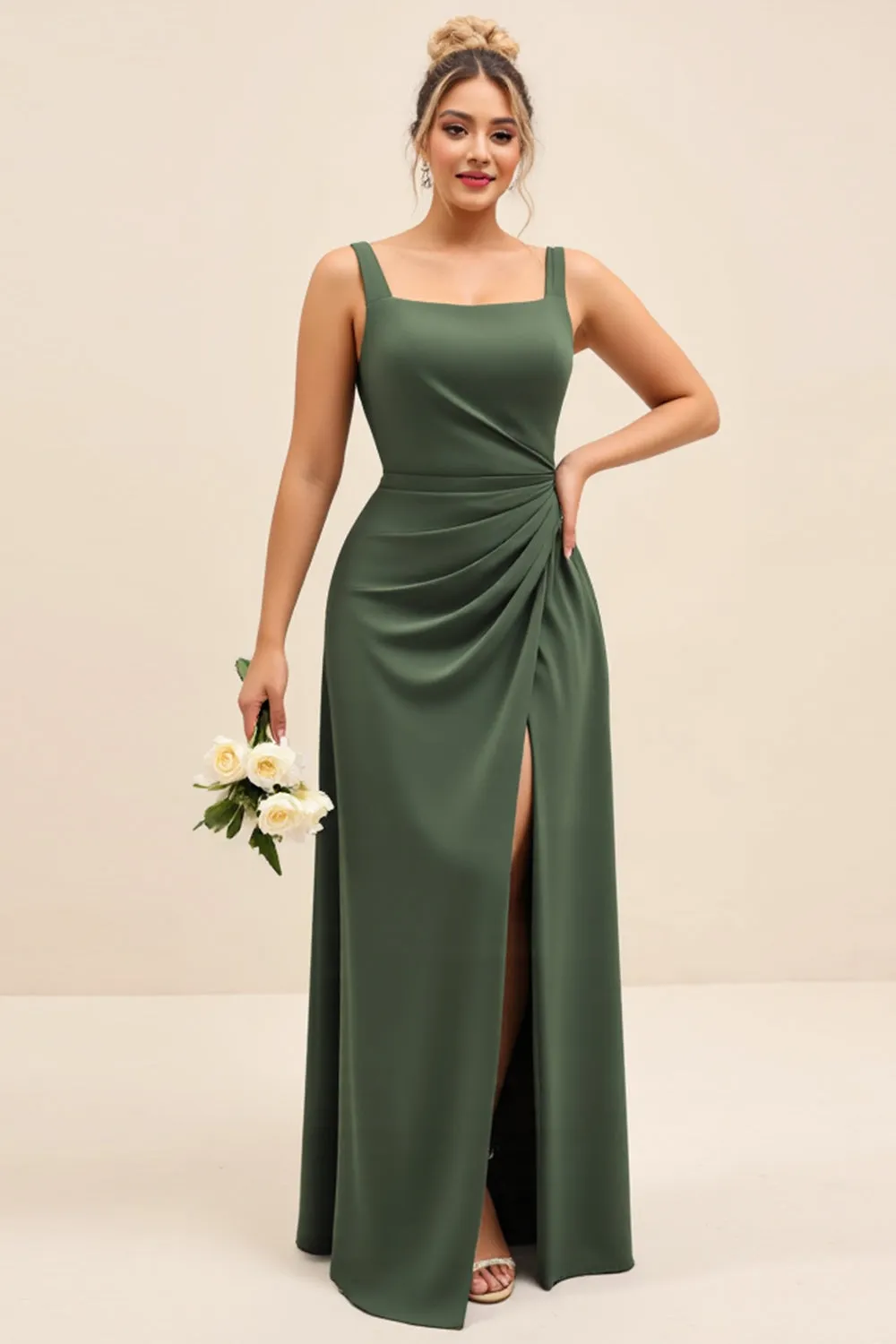 Olive Sheath Square Neck Ruched Satin Long Bridesmaid Dress with Slit sold by Zapaka