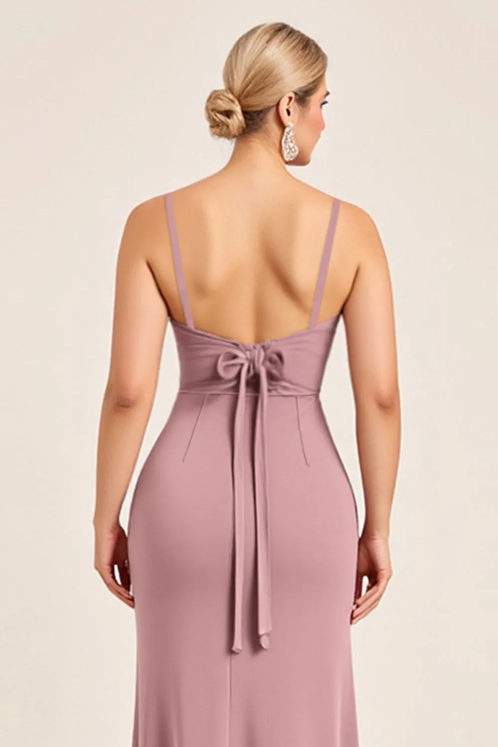 Vintage Mauve Sheath Spaghetti Straps Ruched Long Bridesmaid Dress with Slit sold by Zapaka product image thumbnail 4