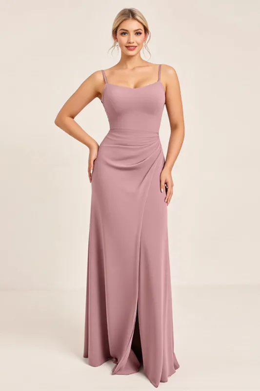 Vintage Mauve Sheath Spaghetti Straps Ruched Long Bridesmaid Dress with Slit sold by Zapaka