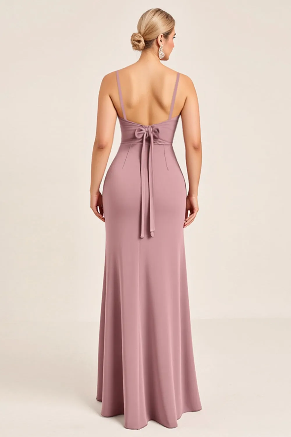 Vintage Mauve Sheath Spaghetti Straps Ruched Long Bridesmaid Dress with Slit sold by Zapaka product image thumbnail 2