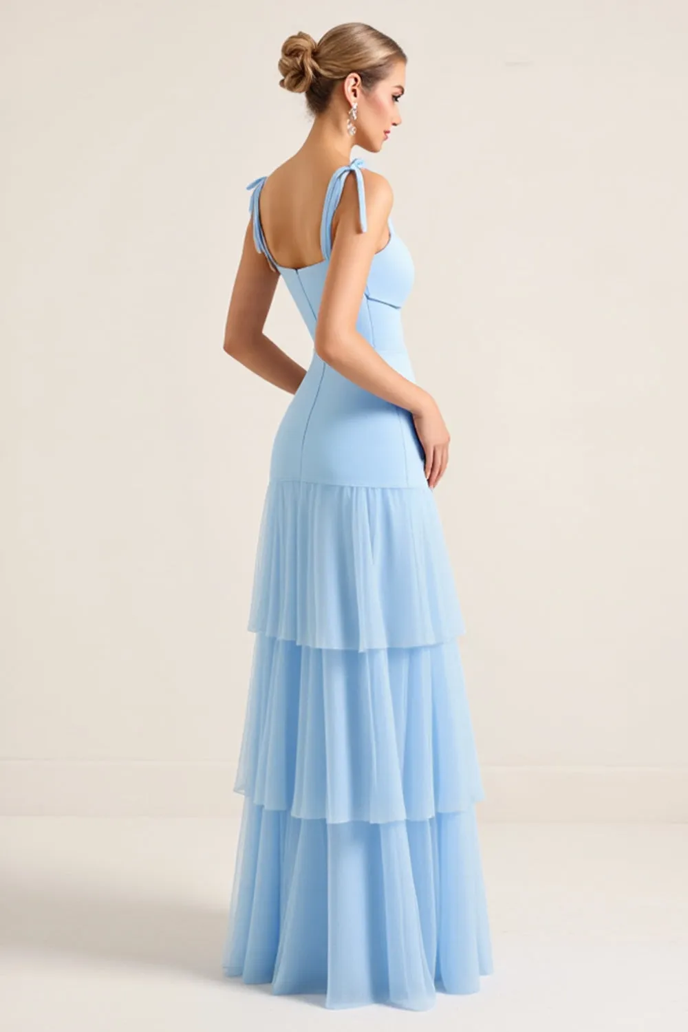 Sky Blue Sheath Spaghetti Straps Ruffles Ruched Long Bridesmaid Dress with Slit sold by Zapaka product image thumbnail 2