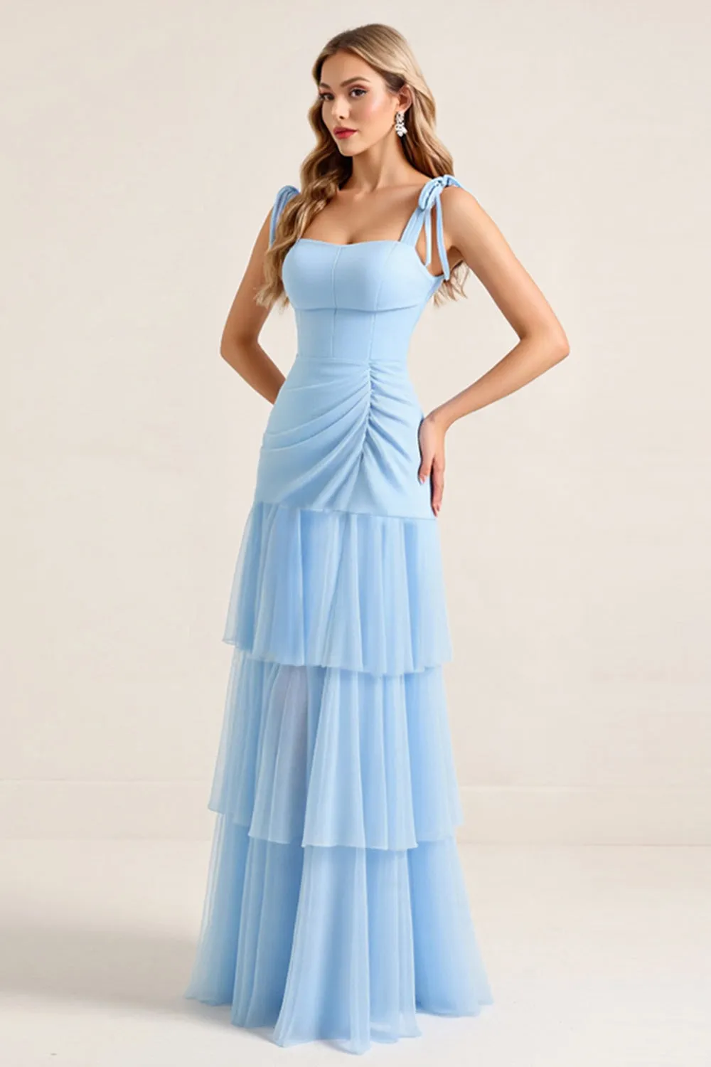 Sky Blue Sheath Spaghetti Straps Ruffles Ruched Long Bridesmaid Dress with Slit sold by Zapaka product image thumbnail 3
