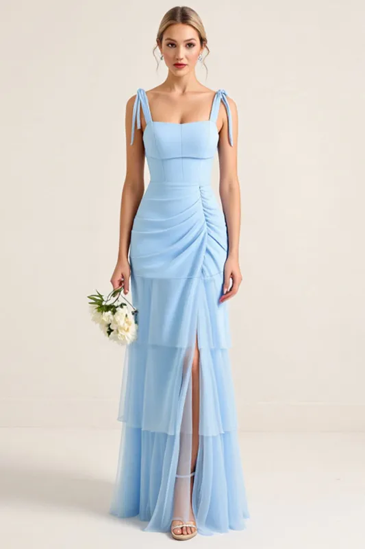 Sky Blue Sheath Spaghetti Straps Ruffles Ruched Long Bridesmaid Dress with Slit sold by Zapaka