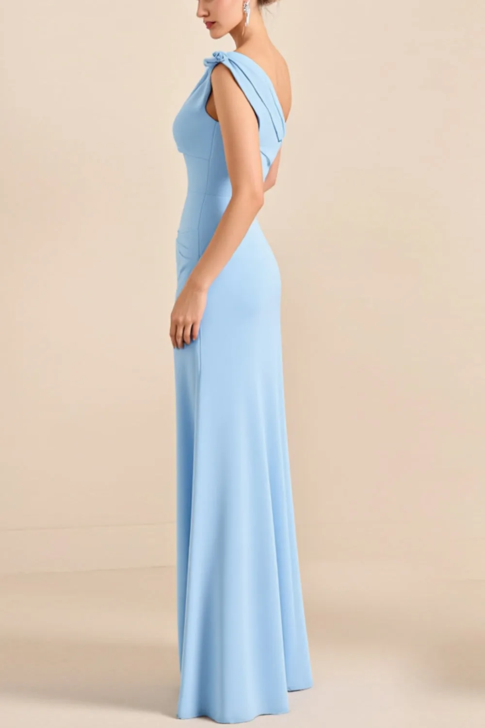 Sky Blue Sheath One Shoulder Ruched Satin Long Bridesmaid Dress sold by Zapaka product image thumbnail 3