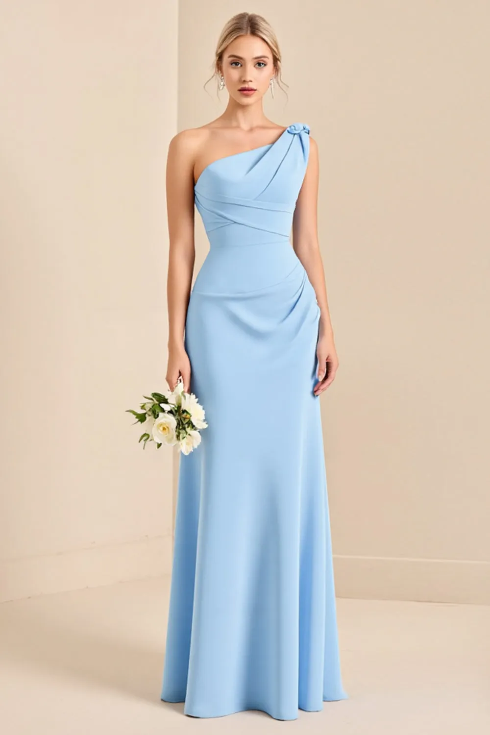 Sky Blue Sheath One Shoulder Ruched Satin Long Bridesmaid Dress sold by Zapaka