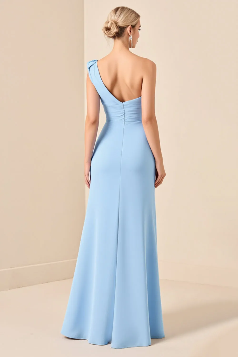 Sky Blue Sheath One Shoulder Ruched Satin Long Bridesmaid Dress sold by Zapaka product image thumbnail 2
