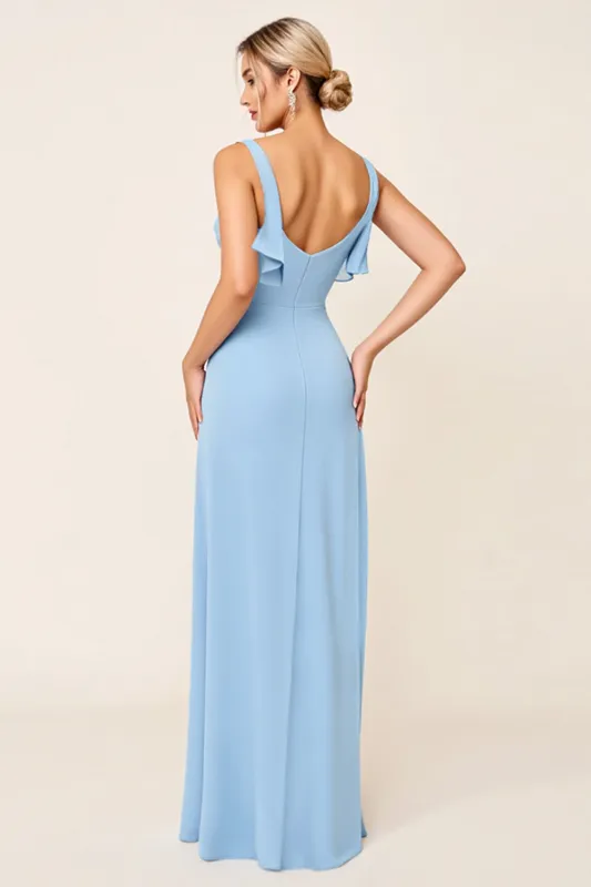 Sky Blue Sheath Ruffled Neckline Ruched Long Bridesmaid Dress sold by Zapaka