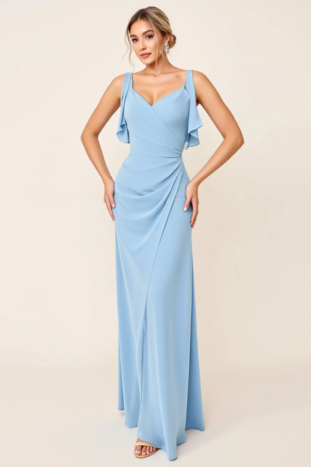 Sky Blue Sheath Ruffled Neckline Ruched Long Bridesmaid Dress sold by Zapaka product image thumbnail 2