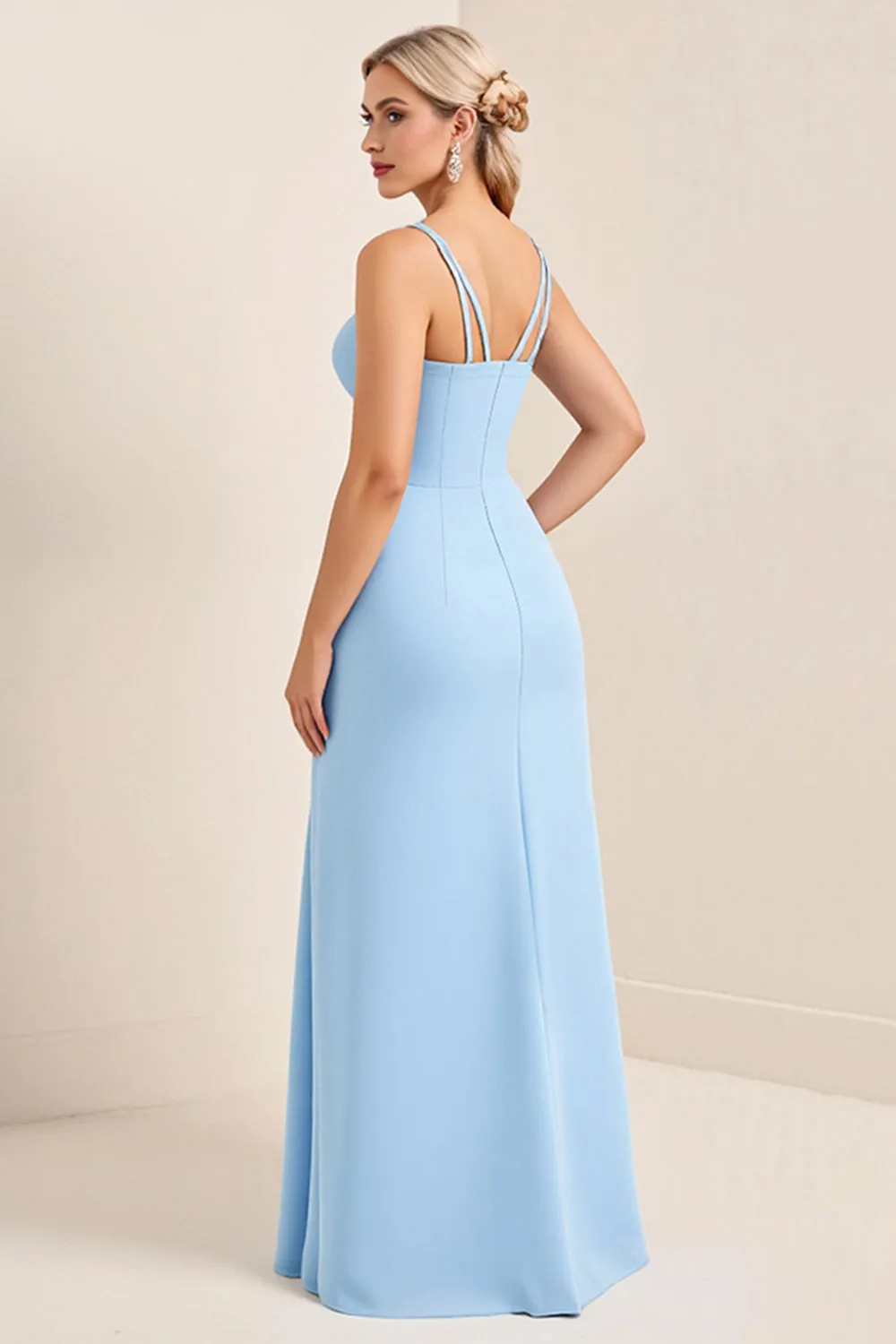 Sky Blue Sheath Spaghetti Straps Satin Long Bridesmaid Dress sold by Zapaka product image thumbnail 2