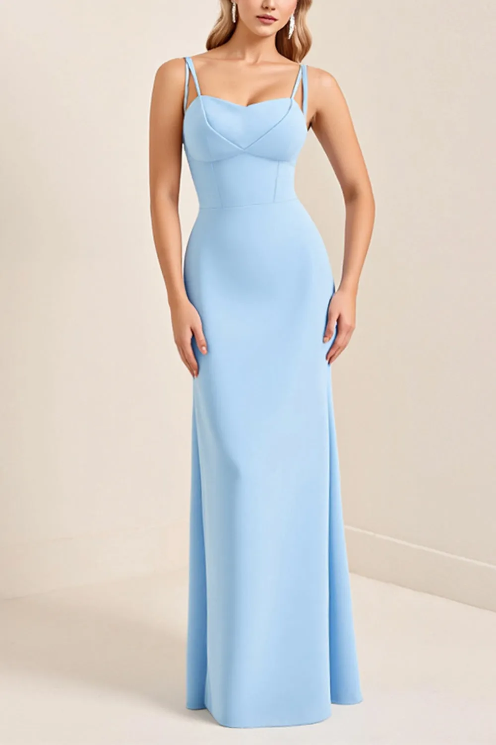 Sky Blue Sheath Spaghetti Straps Satin Long Bridesmaid Dress sold by Zapaka