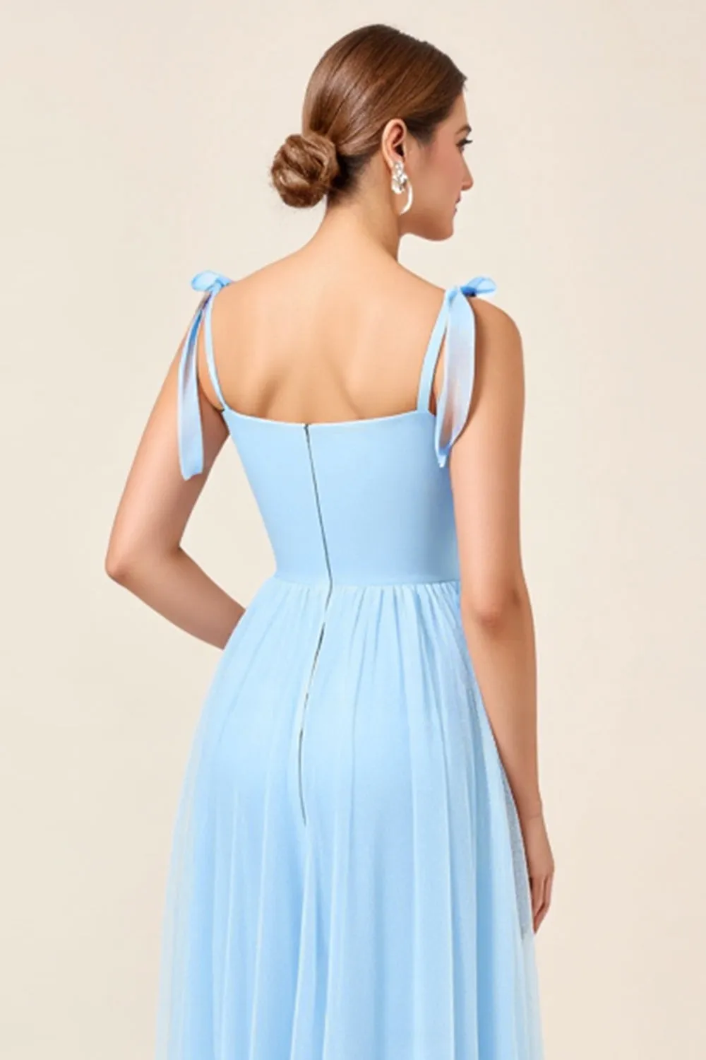 Sky Blue A-Line Spaghetti Straps Pleating Long Bridesmaid Dress with Slit sold by Zapaka product image thumbnail 5