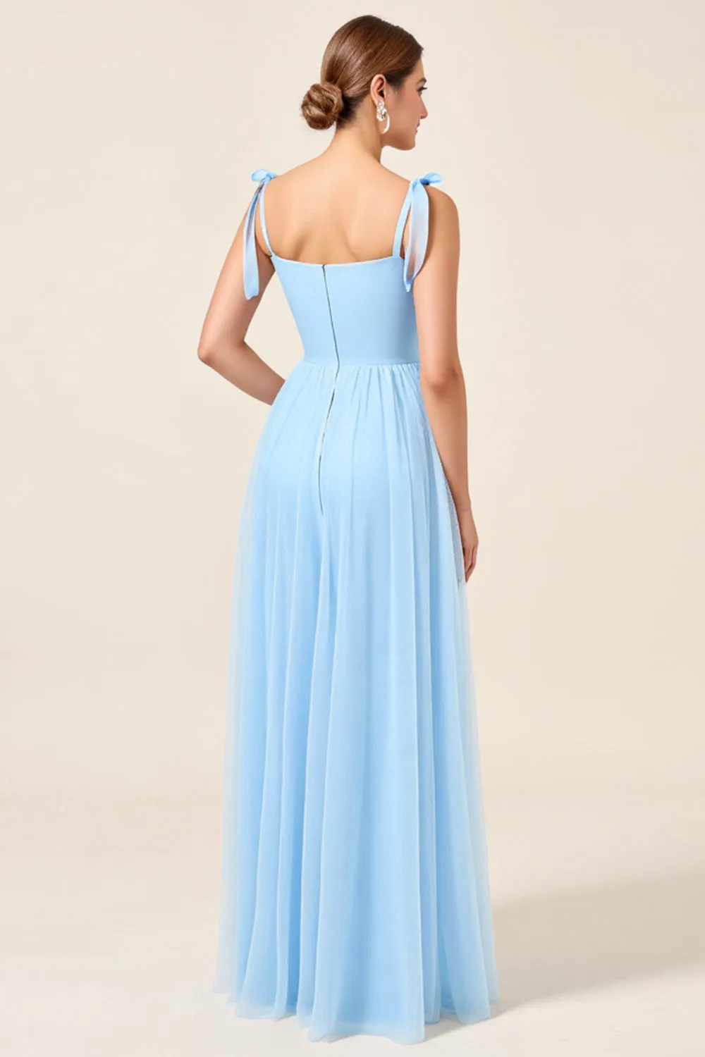 Sky Blue A-Line Spaghetti Straps Pleating Long Bridesmaid Dress with Slit sold by Zapaka product image thumbnail 2