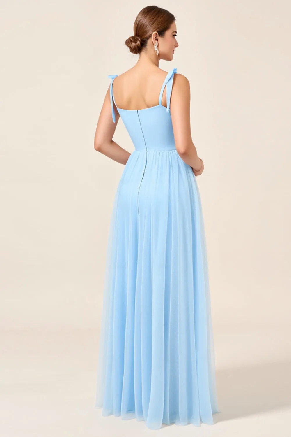 Sky Blue A-Line Spaghetti Straps Pleating Long Bridesmaid Dress with Slit sold by Zapaka product image thumbnail 3