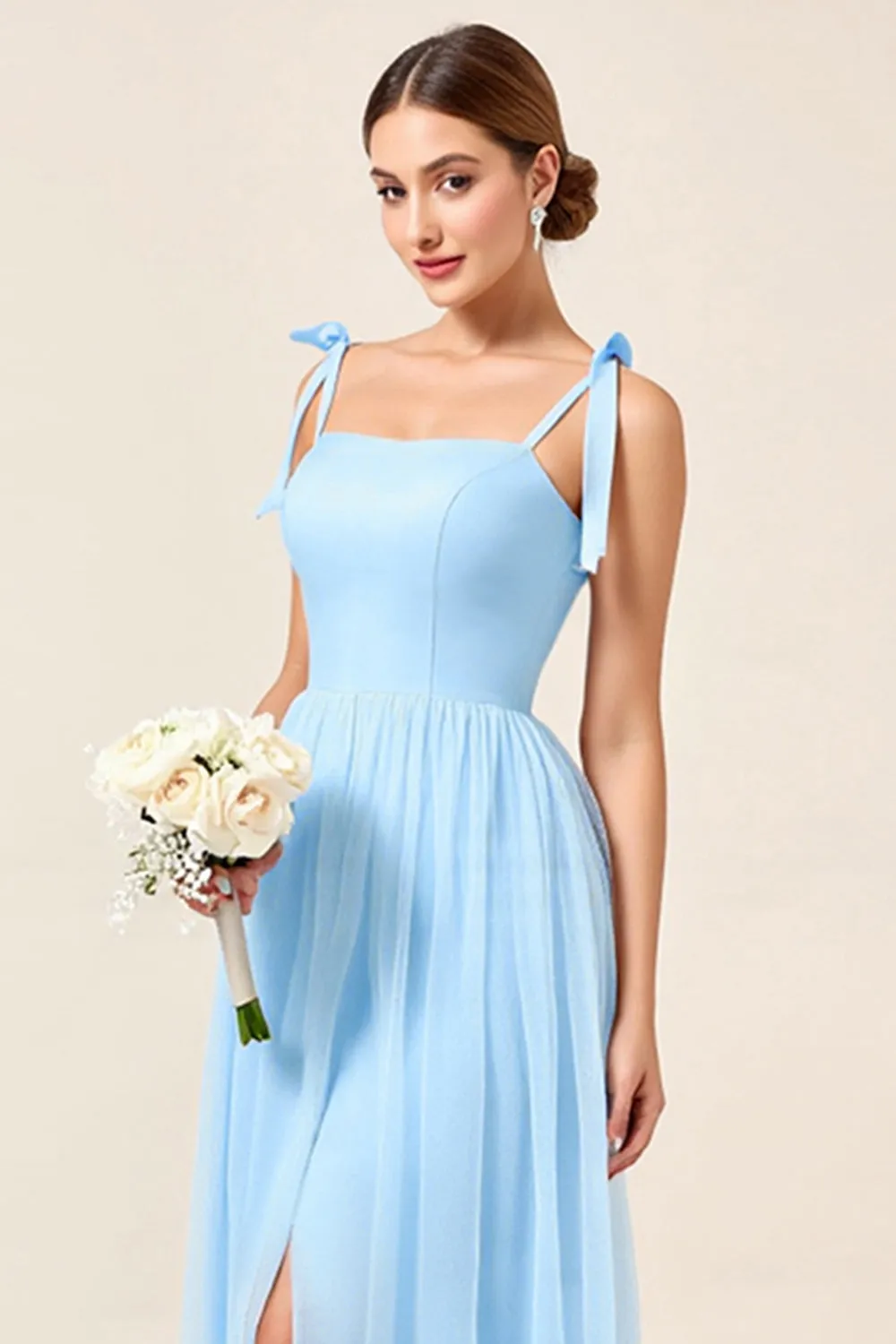 Sky Blue A-Line Spaghetti Straps Pleating Long Bridesmaid Dress with Slit sold by Zapaka product image thumbnail 4