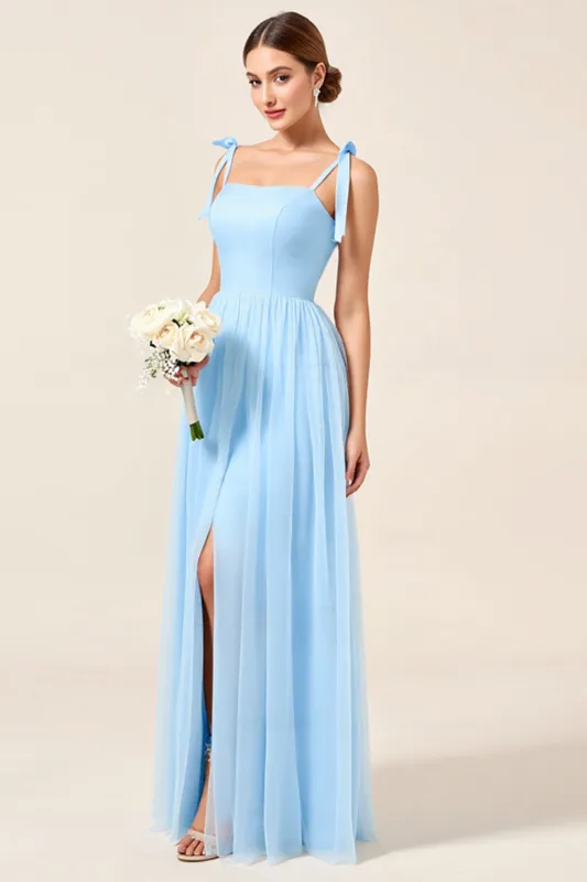 Sky Blue A-Line Spaghetti Straps Pleating Long Bridesmaid Dress with Slit sold by Zapaka