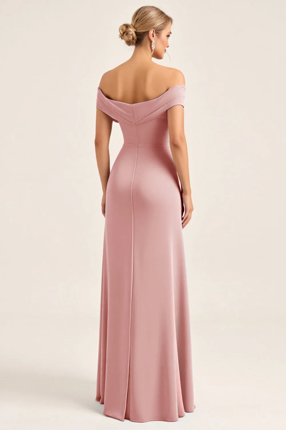Blush Pink Sheath Off the Shoulder Ruched Satin Long Bridesmaid Dress with Slit sold by Zapaka product image thumbnail 2