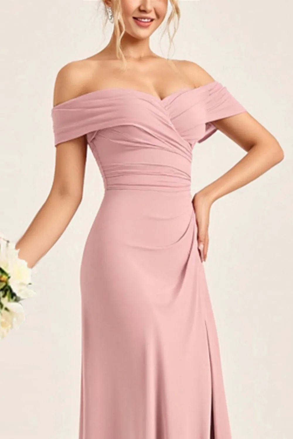 Blush Pink Sheath Off the Shoulder Ruched Satin Long Bridesmaid Dress with Slit sold by Zapaka product image thumbnail 3