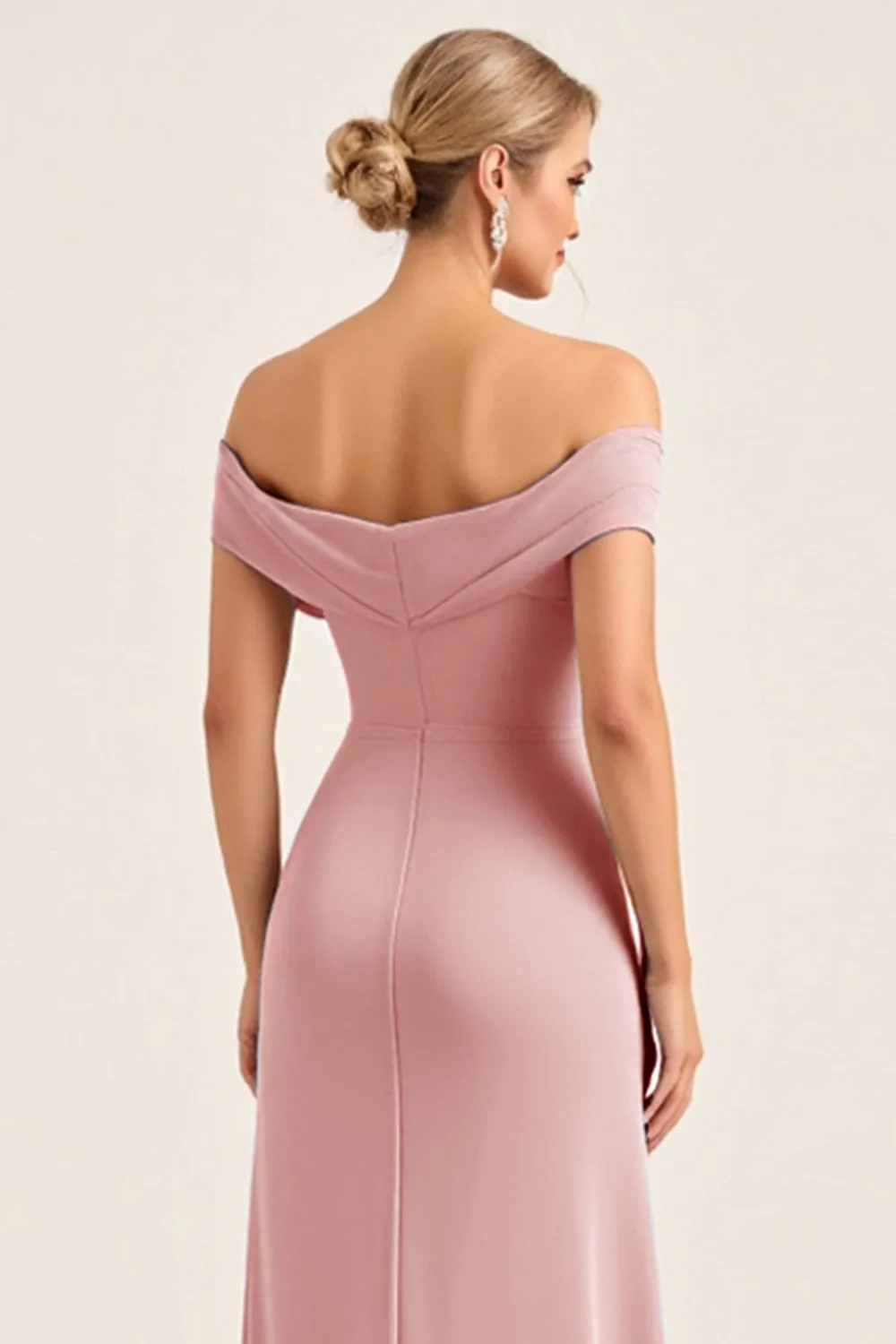 Blush Pink Sheath Off the Shoulder Ruched Satin Long Bridesmaid Dress with Slit sold by Zapaka product image thumbnail 4