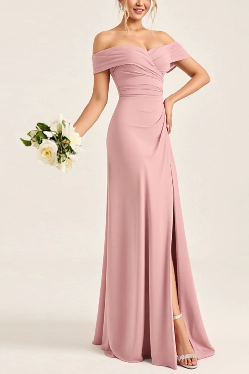 Blush Pink Sheath Off the Shoulder Ruched Satin Long Bridesmaid Dress with Slit sold by Zapaka