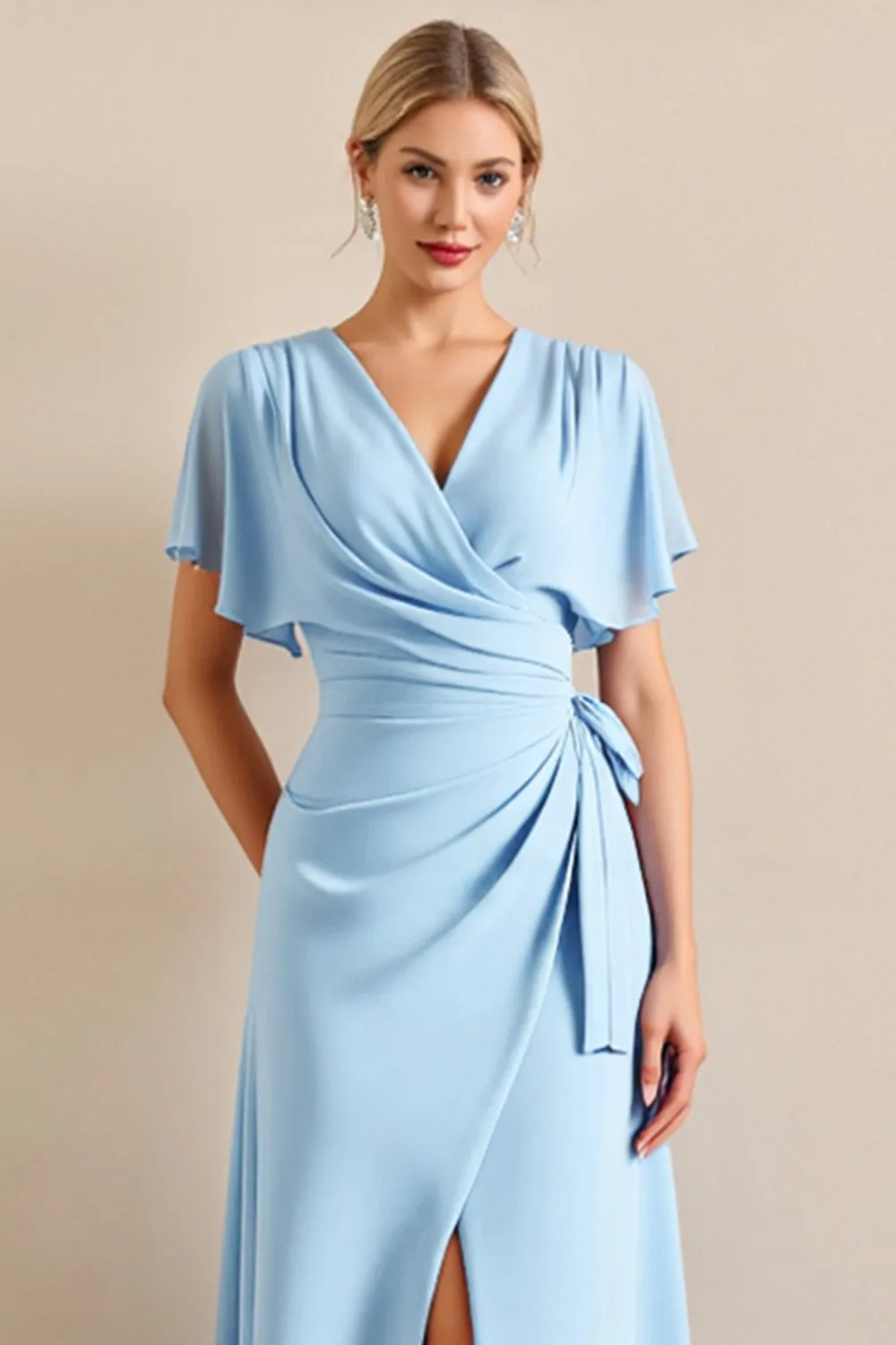 Sky Blue Sheath Wrap V Neck Ruffle Sleeves Long Bridesmaid Dress with Slit sold by Zapaka product image thumbnail 3