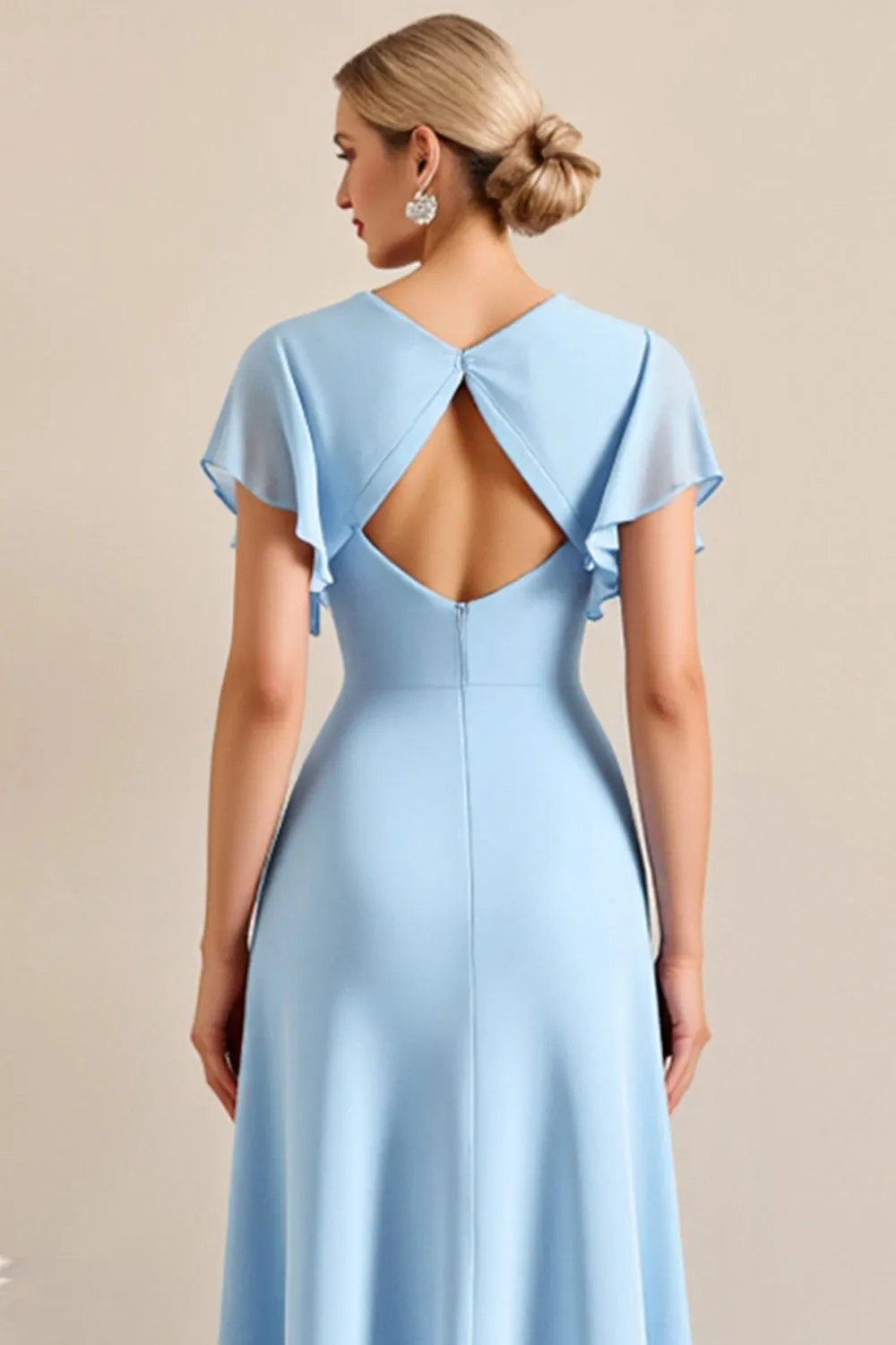 Sky Blue Sheath Wrap V Neck Ruffle Sleeves Long Bridesmaid Dress with Slit sold by Zapaka product image thumbnail 4