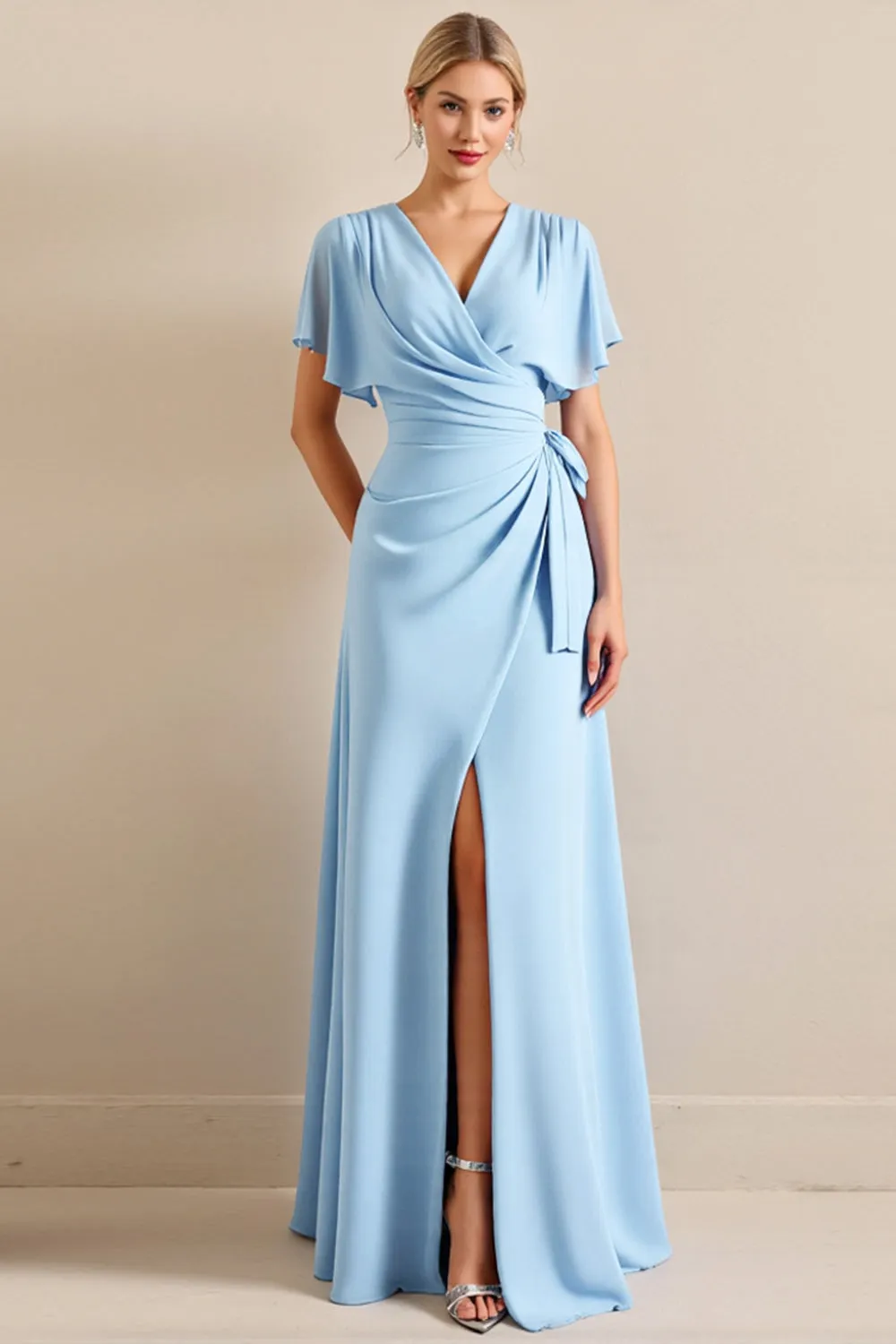 Sky Blue Sheath Wrap V Neck Ruffle Sleeves Long Bridesmaid Dress with Slit sold by Zapaka
