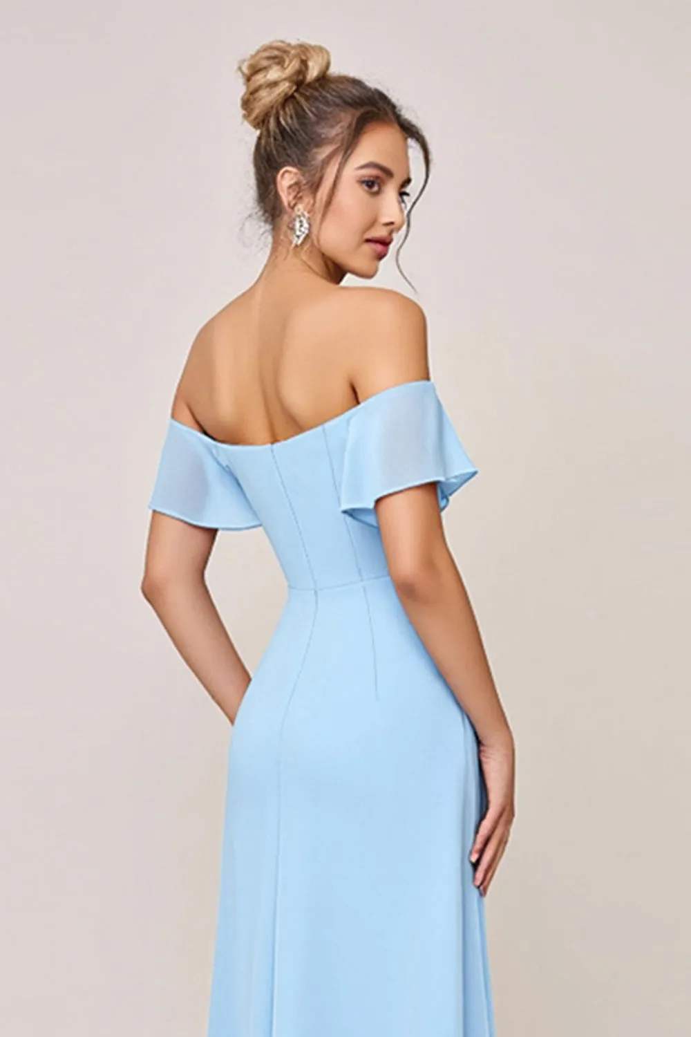 Sky Blue Sheath Ruffle Off the Shoulder Long Bridesmaid Dress with Slit sold by Zapaka product image thumbnail 5