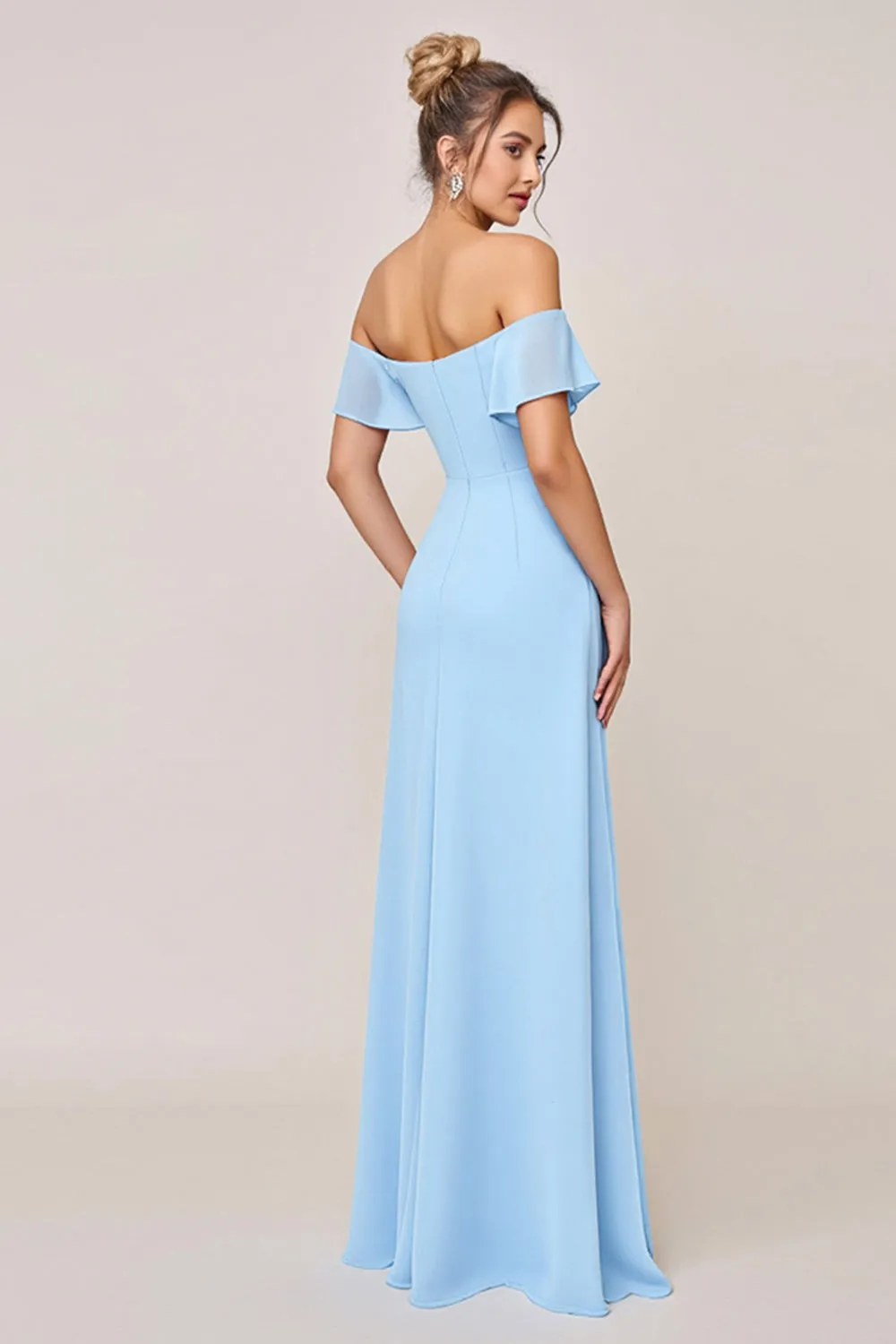 Sky Blue Sheath Ruffle Off the Shoulder Long Bridesmaid Dress with Slit sold by Zapaka product image thumbnail 2