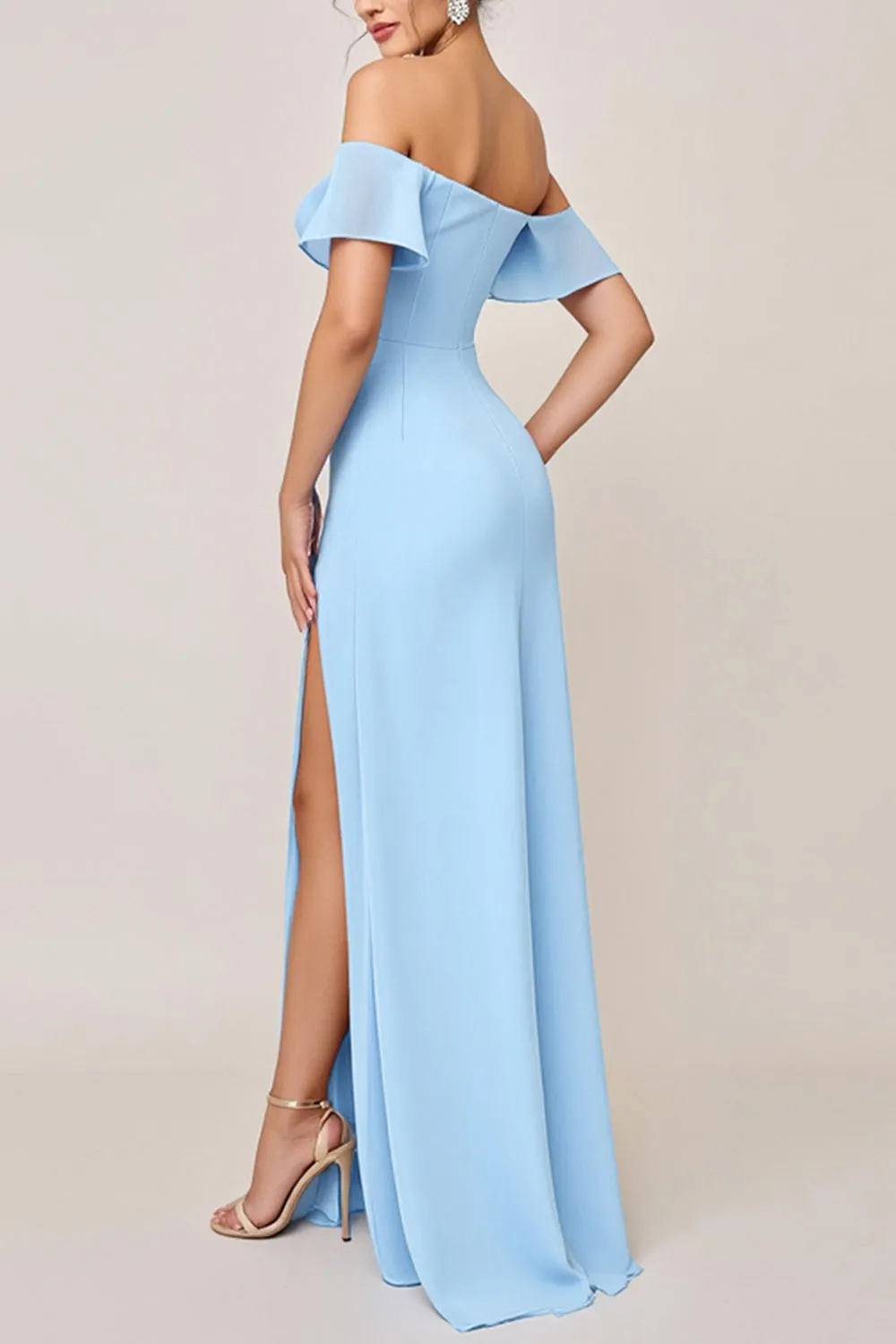 Sky Blue Sheath Ruffle Off the Shoulder Long Bridesmaid Dress with Slit sold by Zapaka product image thumbnail 3