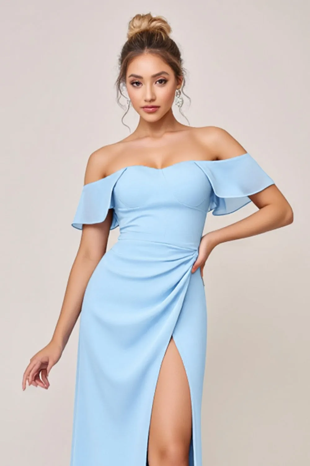 Sky Blue Sheath Ruffle Off the Shoulder Long Bridesmaid Dress with Slit sold by Zapaka product image thumbnail 4