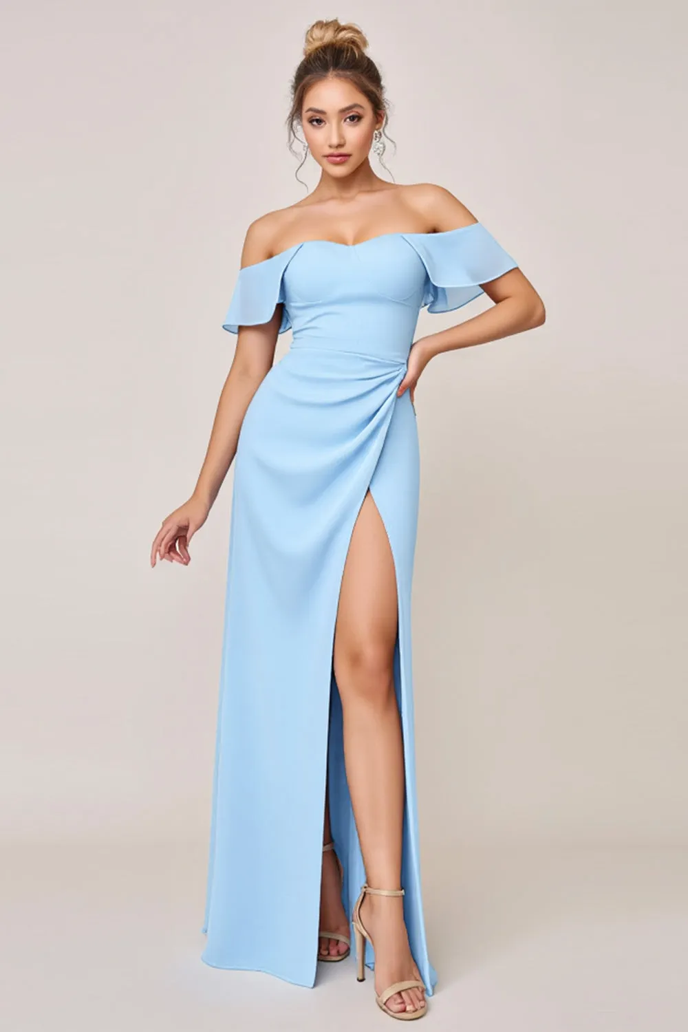 Sky Blue Sheath Ruffle Off the Shoulder Long Bridesmaid Dress with Slit sold by Zapaka