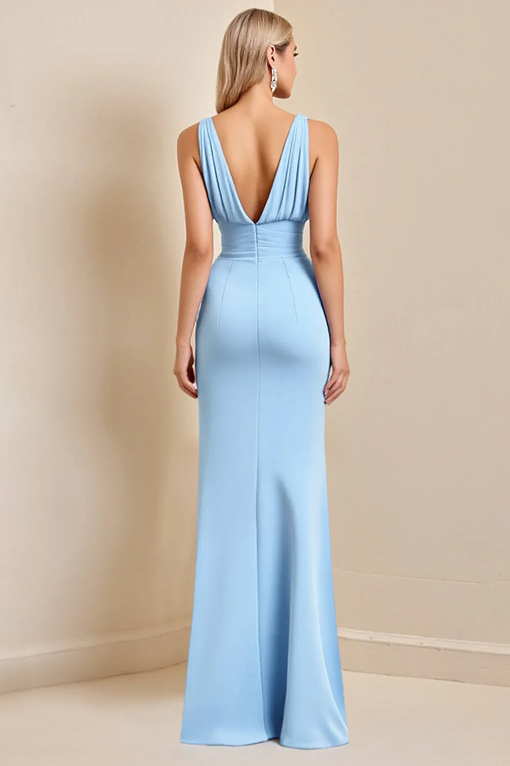 Sheath Sky Blue Ruched Long Bridesmaid Dress with Slit sold by Zapaka product image thumbnail 2