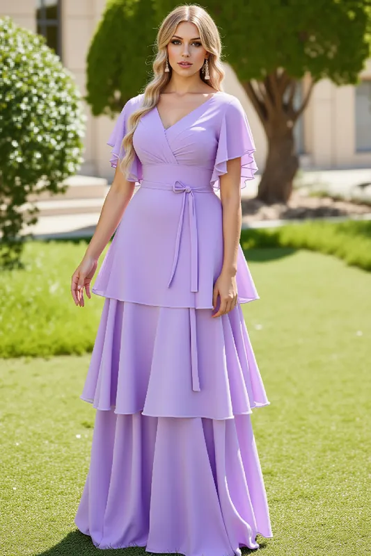 Lilac A Line Tiered Short Sleeves Long Bridesmaid Dress sold by Zapaka
