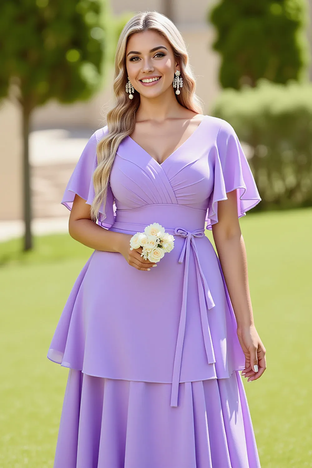 Lilac A Line Tiered Short Sleeves Long Bridesmaid Dress sold by Zapaka product image thumbnail 5