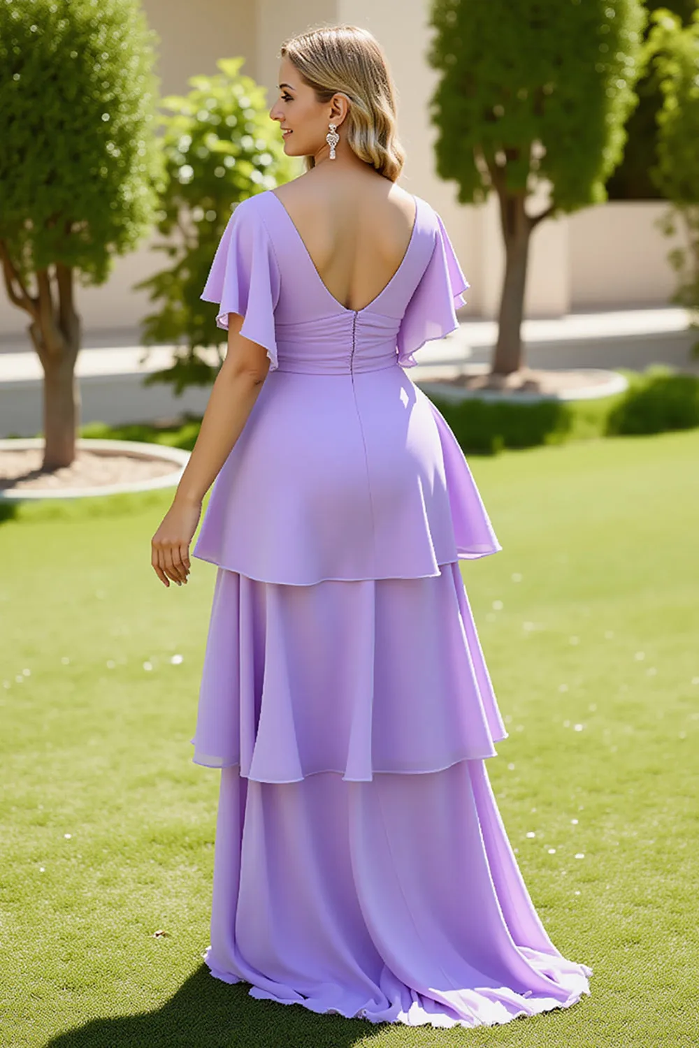 Lilac A Line Tiered Short Sleeves Long Bridesmaid Dress sold by Zapaka product image thumbnail 2