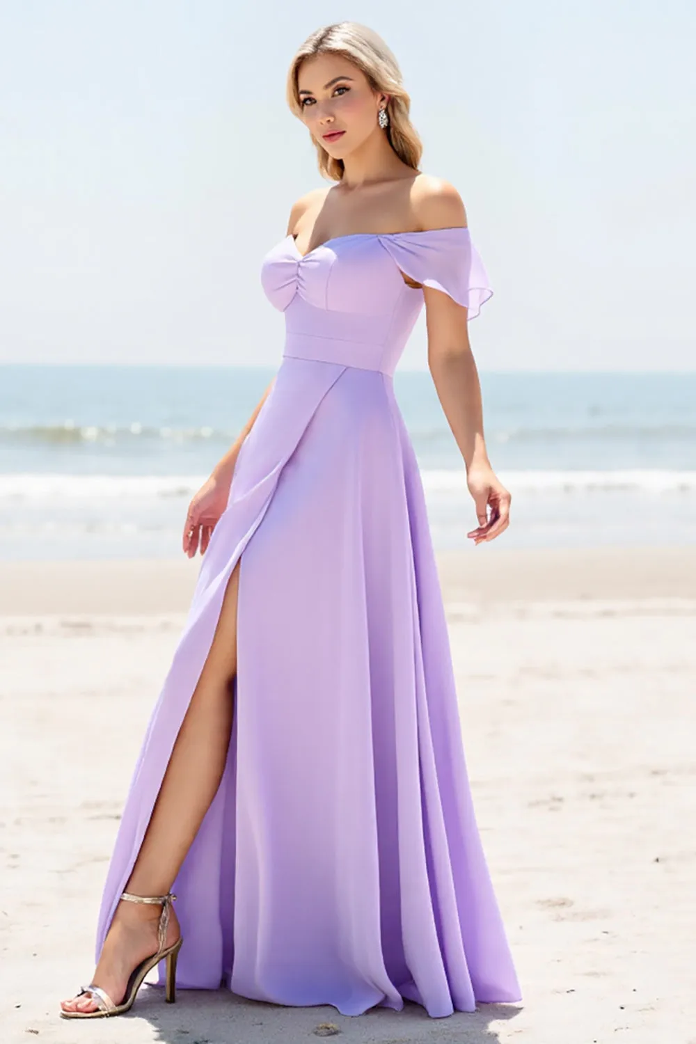 Lilac A Line Off The Shoulder Long Bridesmaid Dress sold by Zapaka product image thumbnail 3