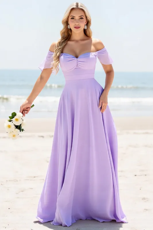 Lilac A Line Off The Shoulder Long Bridesmaid Dress sold by Zapaka