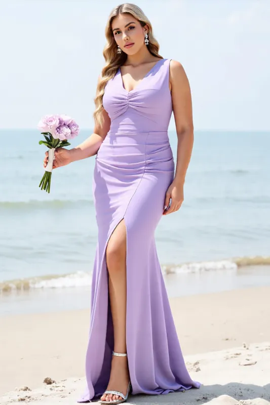 Lilac Mermaid Spaghetti Straps Ruched Long Bridesmaid Dress sold by Zapaka