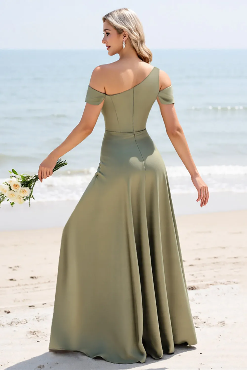 Olive A Line Cold Shoulder Pleated Long Bridesmaid Dress sold by Zapaka product image thumbnail 2