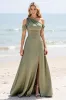 Olive A Line Cold Shoulder Pleated Long Bridesmaid Dress sold by Zapaka