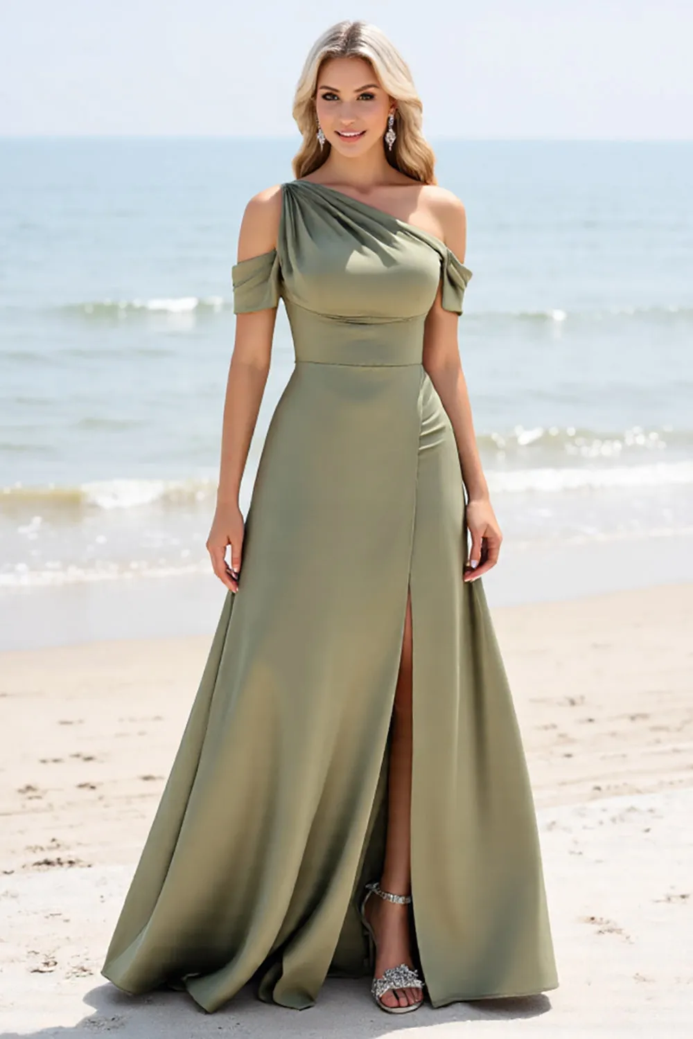 Olive A Line Cold Shoulder Pleated Long Bridesmaid Dress sold by Zapaka product image thumbnail 3