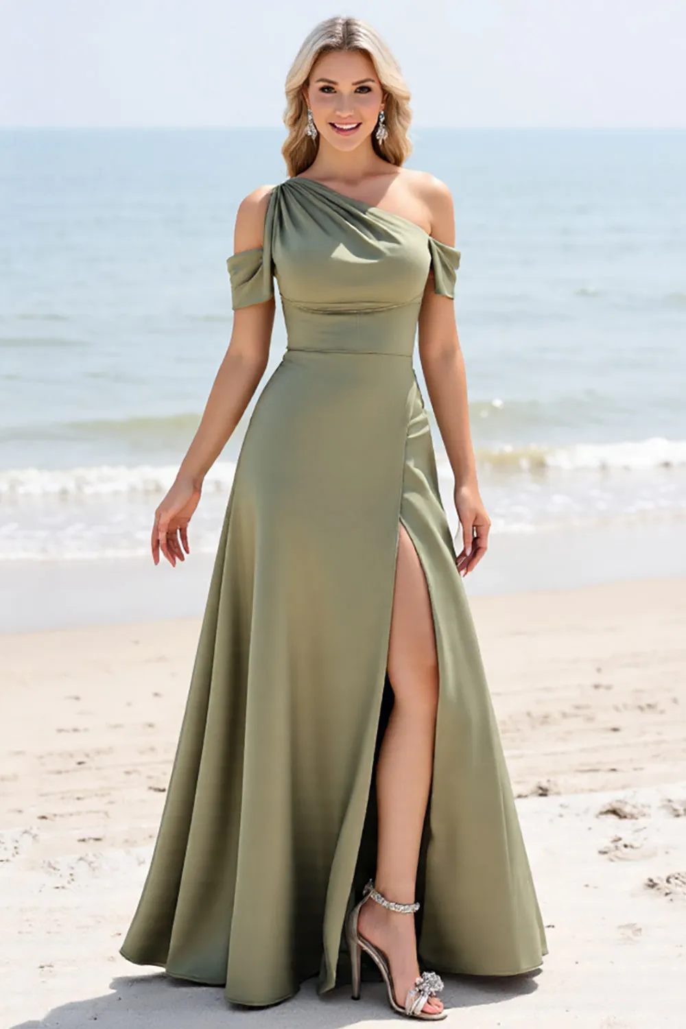 Olive A Line Cold Shoulder Pleated Long Bridesmaid Dress sold by Zapaka
