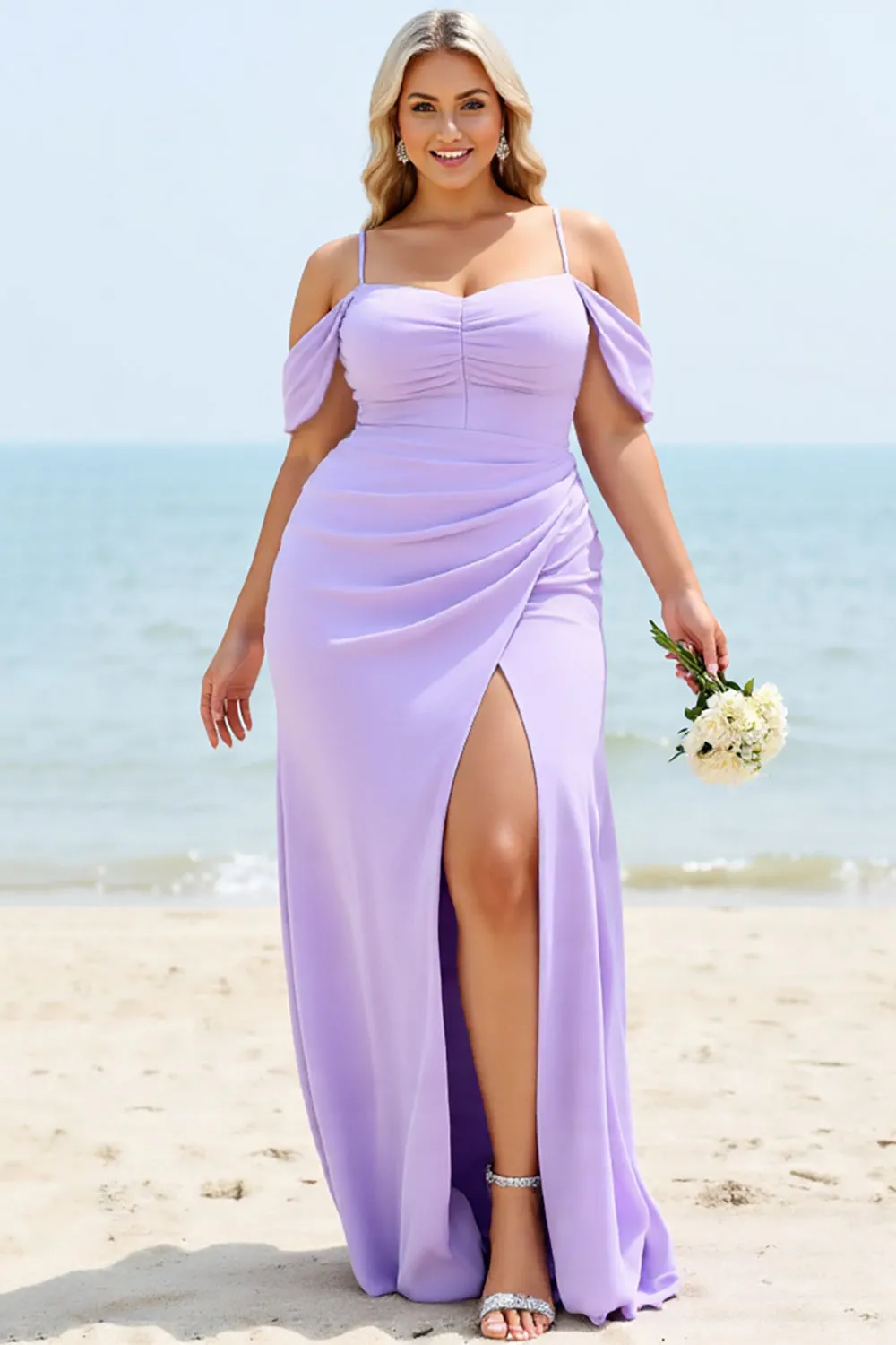 Lilac Mermaid Cold Shoulder Ruched Plus Size Long Bridesmaid Dress sold by Zapaka