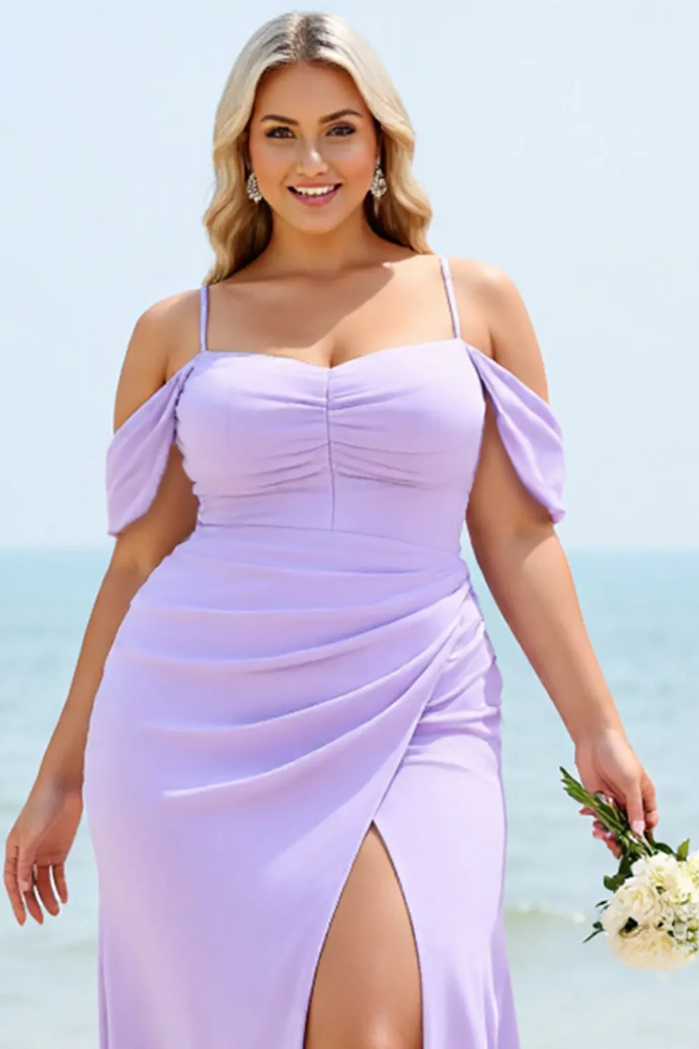 Lilac Mermaid Cold Shoulder Ruched Plus Size Long Bridesmaid Dress sold by Zapaka product image thumbnail 3