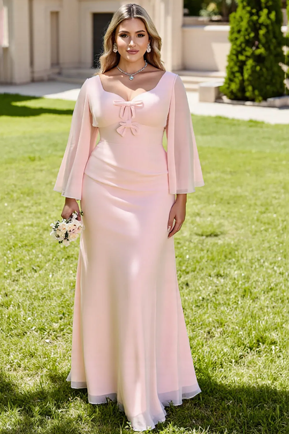 Candy Pink Mermaid Long Sleeves Plus Size Long Bridesmaid Dress sold by Zapaka