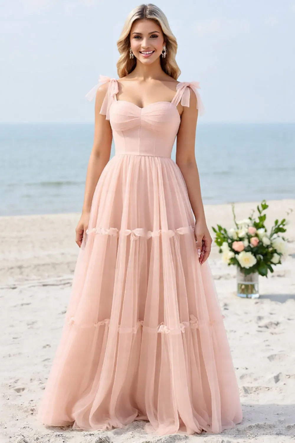 A Line Spaghetti Straps Blush Pink Pleated Long Bridesmaid Dress sold by Zapaka