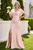 Candy Pink Mermaid Short Sleeves Plus Size Long Bridesmaid Dress sold by Zapaka